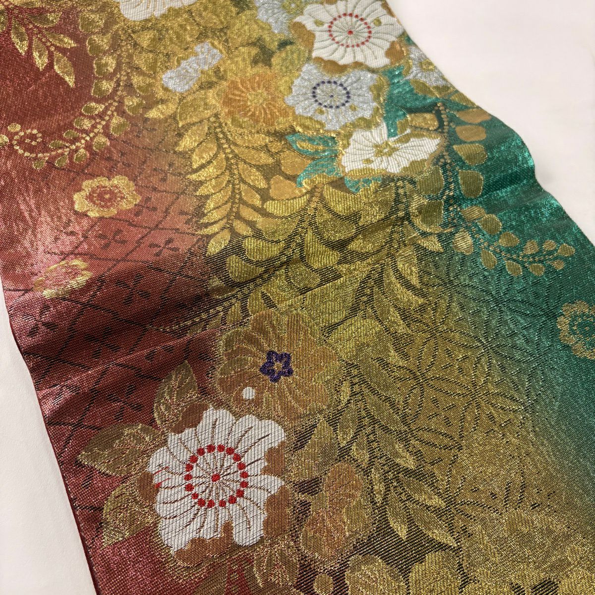 袋帶 秀品級 草花紋紋 金金箔 綠 六通 純蠶絲