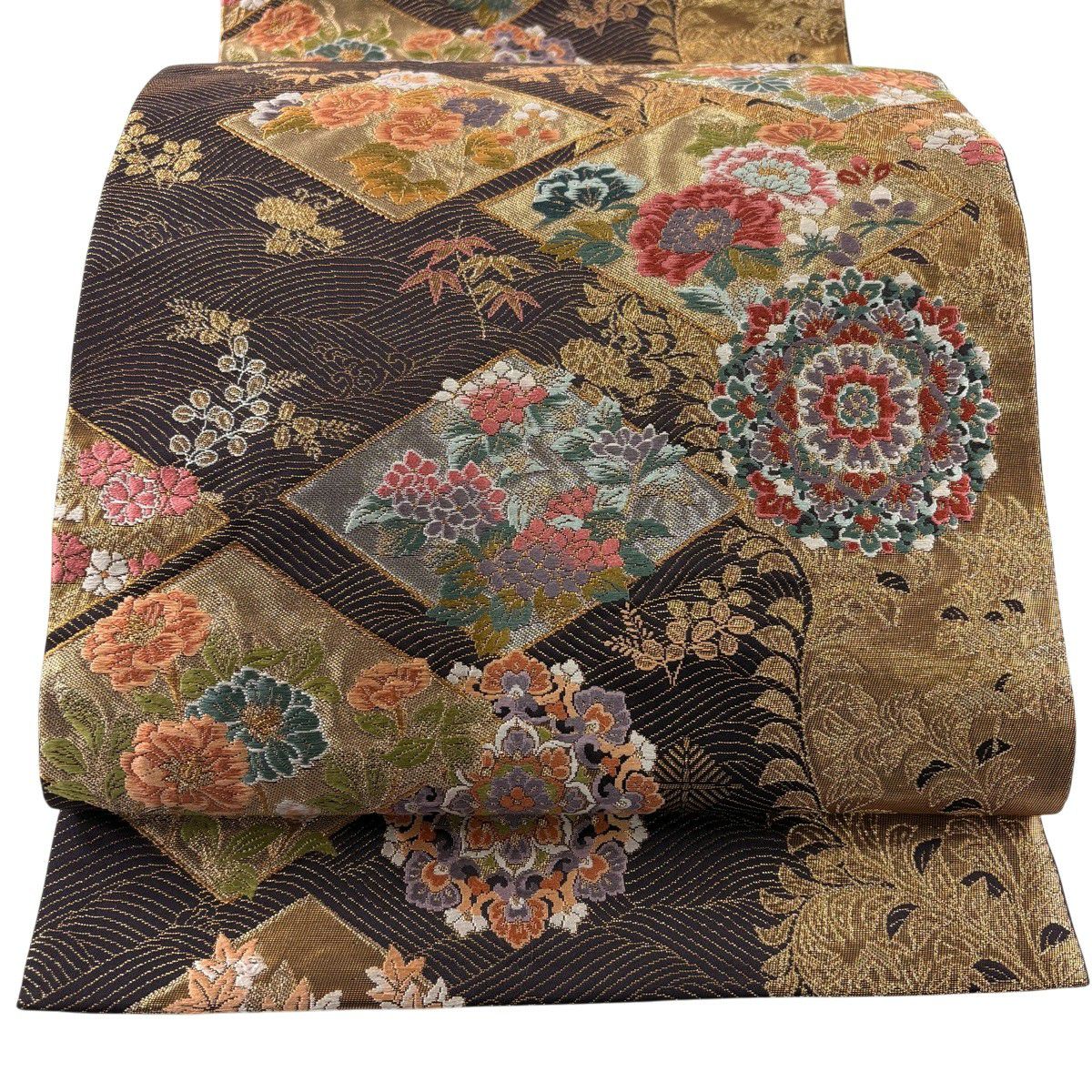 【美品】 袋帶 秀品級 華紋 草花紋 金金箔 金銀彩 墨 深藍 六通 純蠶絲