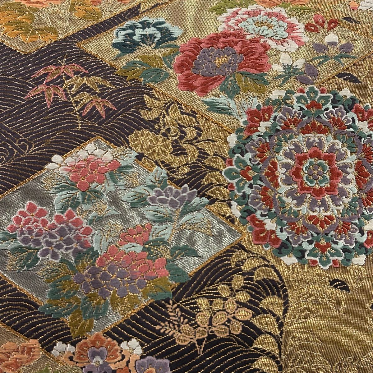【美品】 袋帶 秀品級 華紋 草花紋 金金箔 金銀彩 墨 深藍 六通 純蠶絲