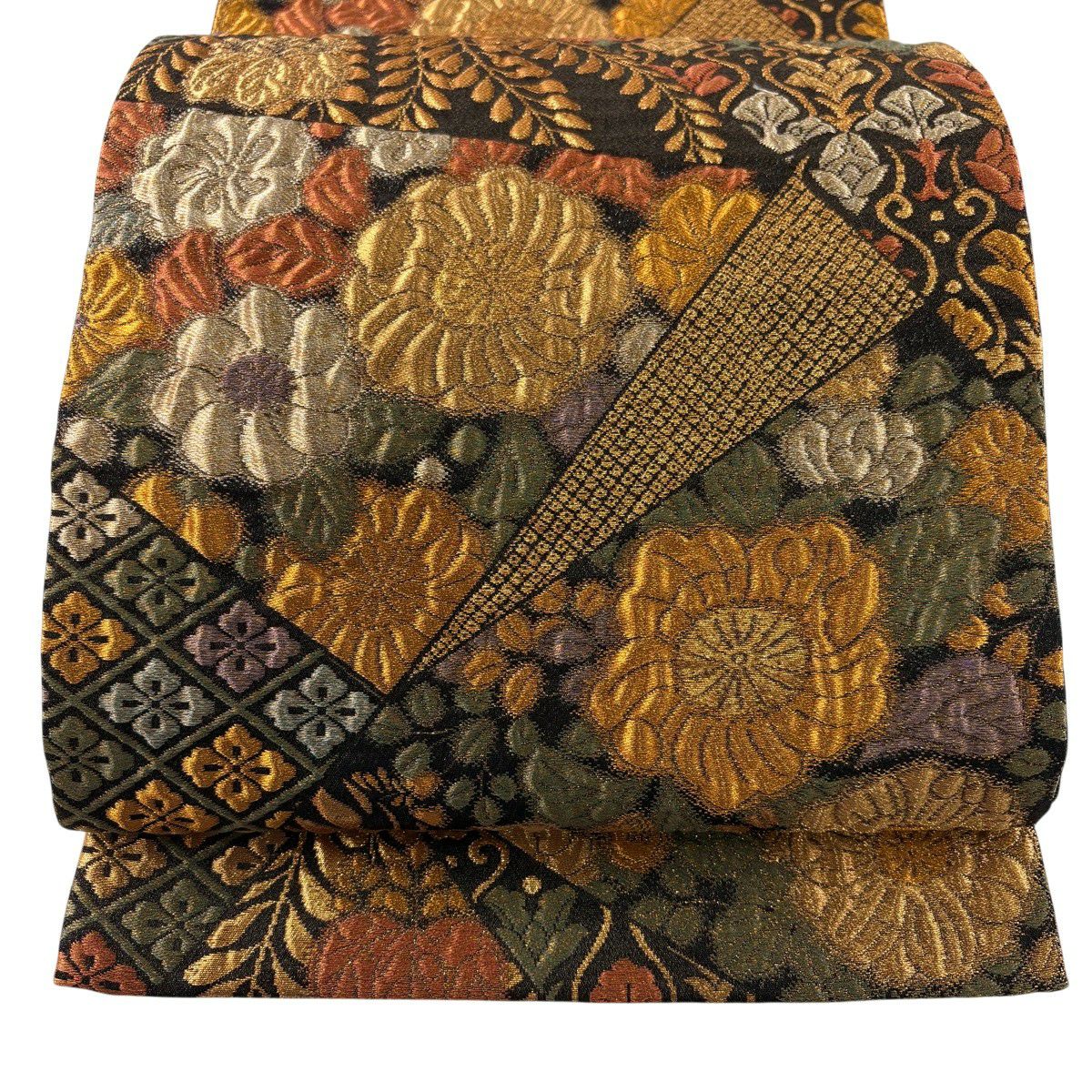 【美品】 袋帶 秀品級 草花紋 花菱 金金箔 金絲 墨色 六通 純蠶絲