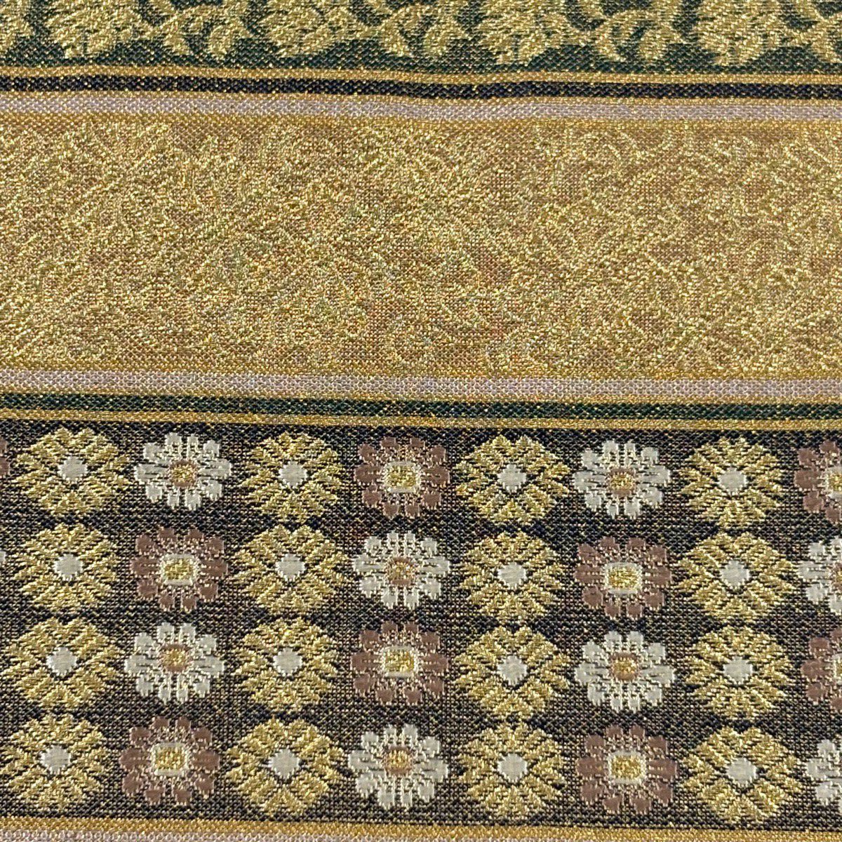 【美品】 袋帶 優品級 草花紋紋 條紋 金絲 金 六通 純蠶絲
