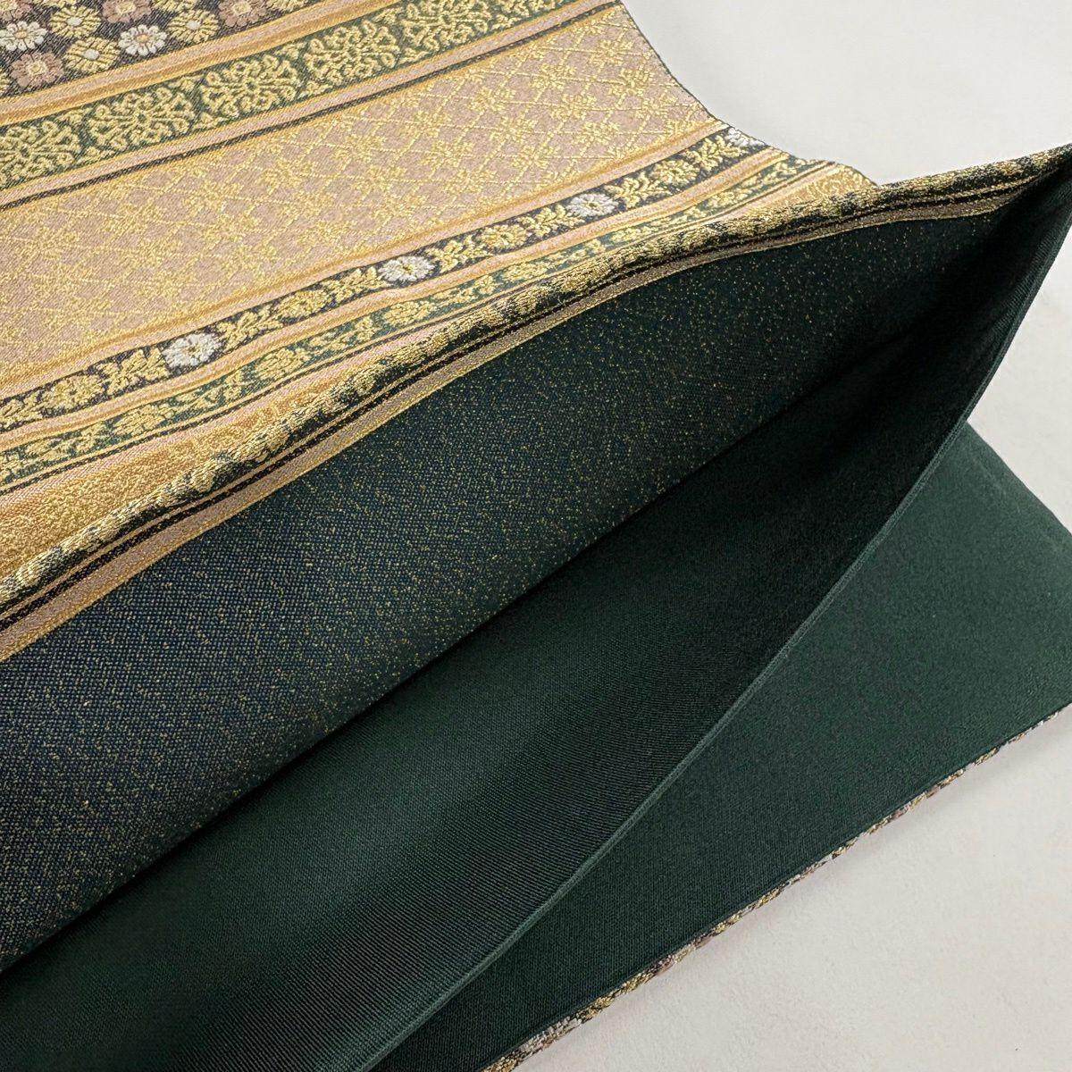 【美品】 袋帶 優品級 草花紋紋 條紋 金絲 金 六通 純蠶絲