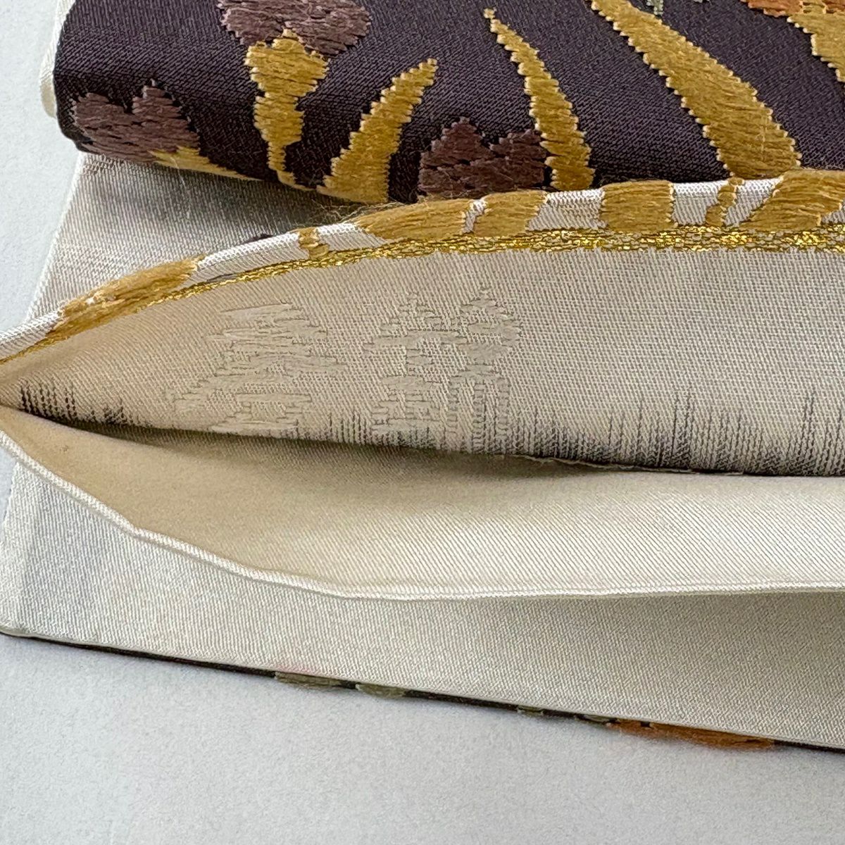 【美品】 袋帶 秀品級 秋草 金絲 奶油 六通 純蠶絲