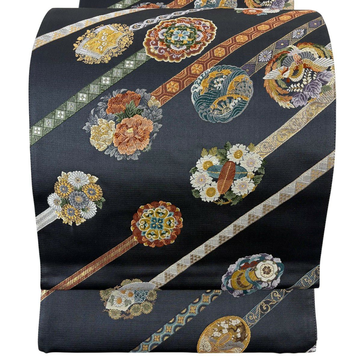 【美品】 袋帶 秀品級 花丸紋 花鳥 金絲 墨色 六通 純蠶絲