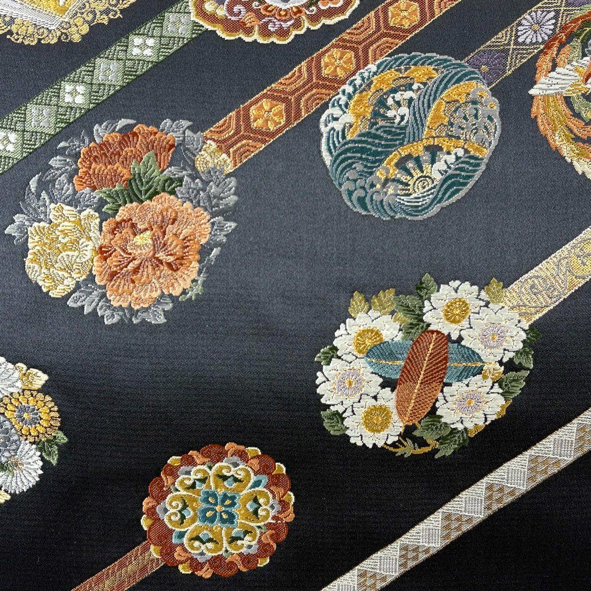 【美品】 袋帶 秀品級 花丸紋 花鳥 金絲 墨色 六通 純蠶絲