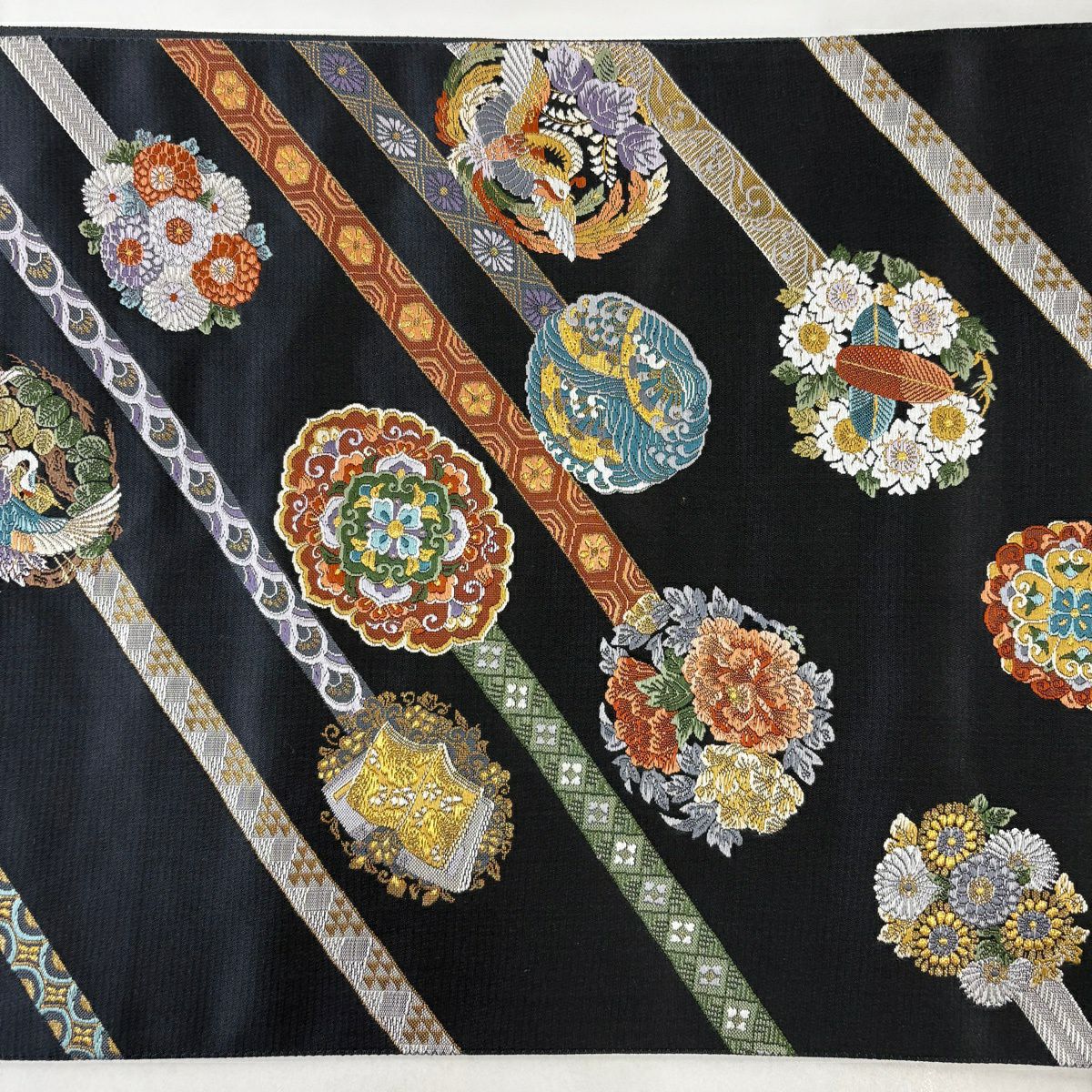 【美品】 袋帶 秀品級 花丸紋 花鳥 金絲 墨色 六通 純蠶絲