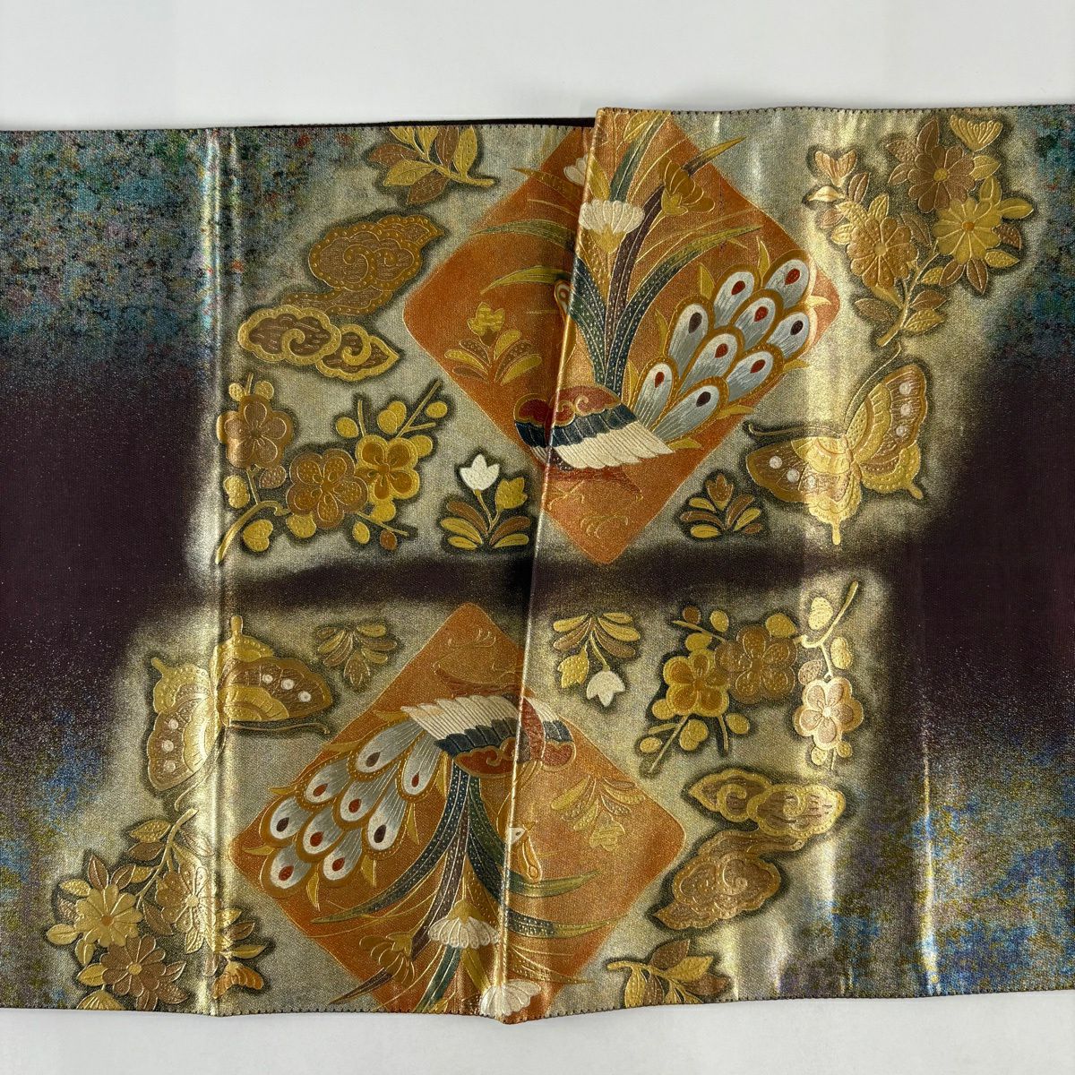 袋帶 秀品級 花鳥 蝶 金銀彩 螺鈿 金色 大鼓圖案 純蠶絲