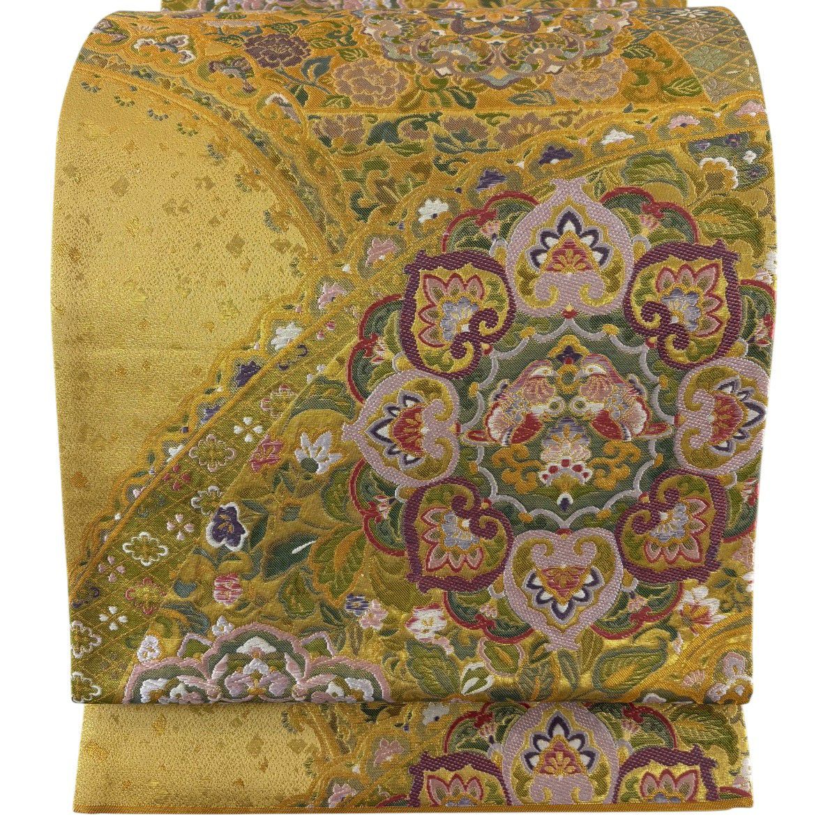【美品】 袋帶 秀品級 向鳥 華紋 金絲 金金箔 金 六通 純蠶絲