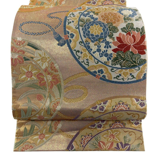 袋帶 秀品級 牡丹 菊花 金絲 刺繡 金 六通 純蠶絲