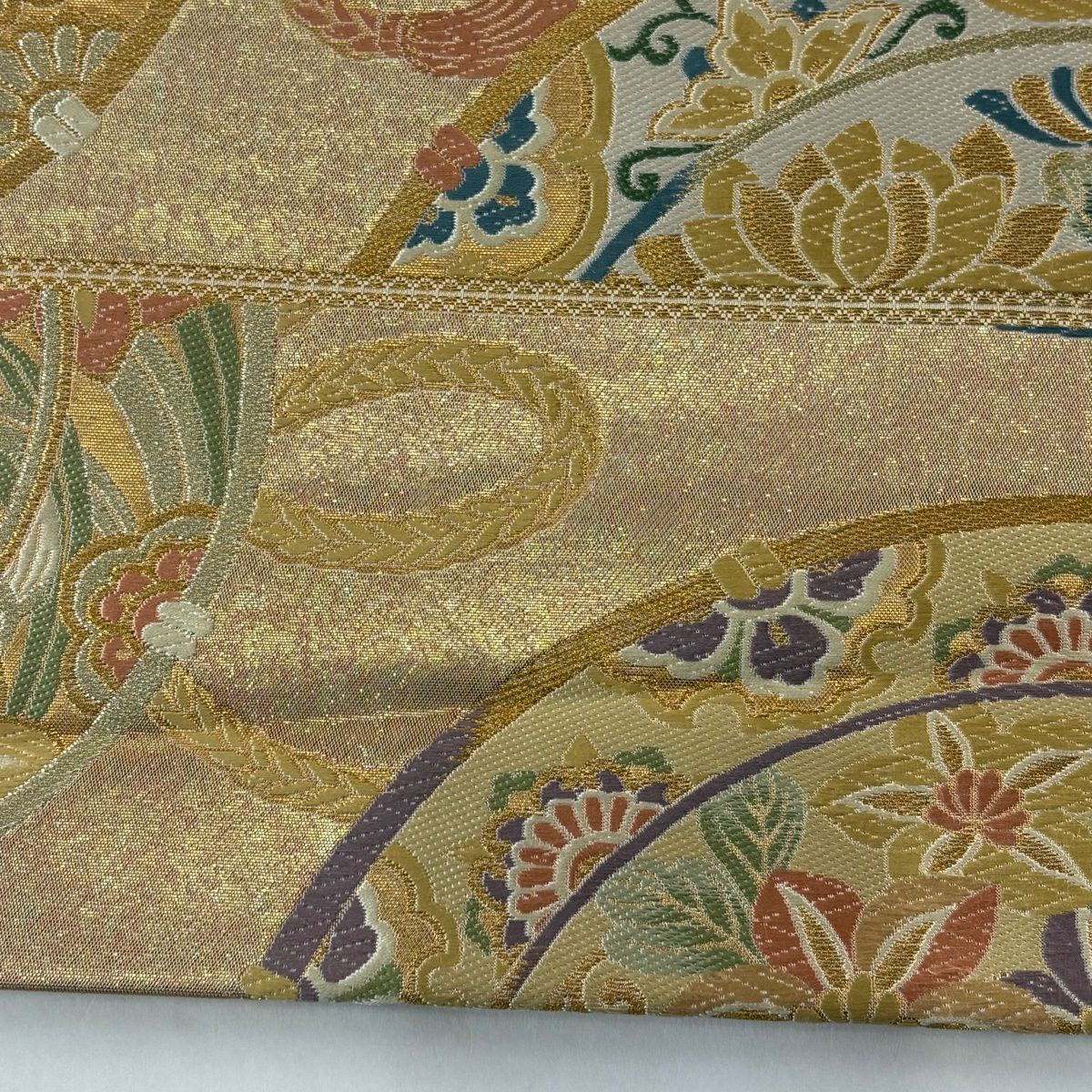 袋帶 秀品級 牡丹 菊花 金絲 刺繡 金 六通 純蠶絲