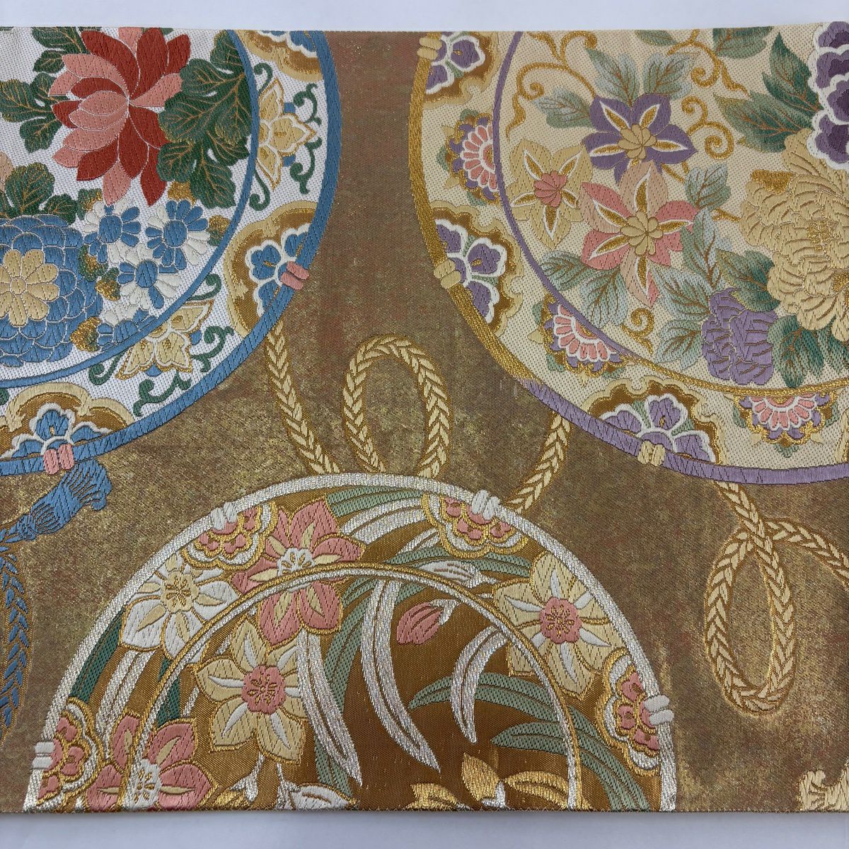 袋帶 秀品級 牡丹 菊花 金絲 刺繡 金 六通 純蠶絲