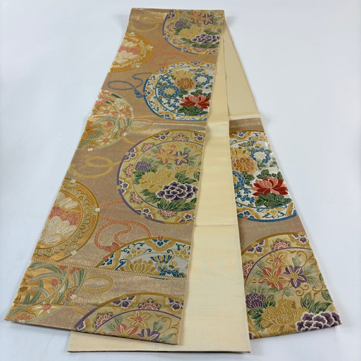 袋帶 秀品級 牡丹 菊花 金絲 刺繡 金 六通 純蠶絲