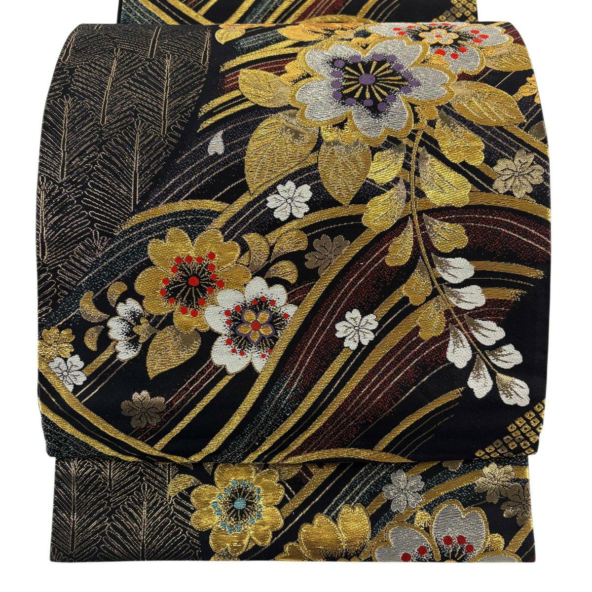 【美品】 袋帶 秀品級 振袖禮服禮服用 櫻花 波紋 金銀絲 金金箔 黑色 六通 純蠶絲
