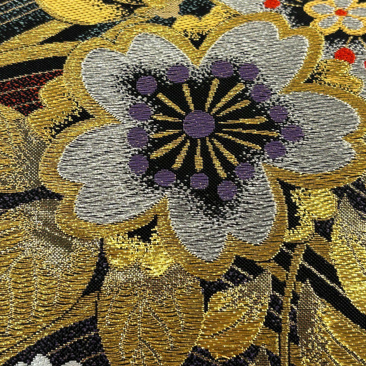 【美品】 袋帶 秀品級 振袖禮服禮服用 櫻花 波紋 金銀絲 金金箔 黑色 六通 純蠶絲