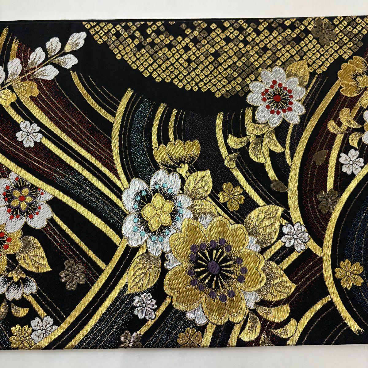 【美品】 袋帶 秀品級 振袖禮服禮服用 櫻花 波紋 金銀絲 金金箔 黑色 六通 純蠶絲