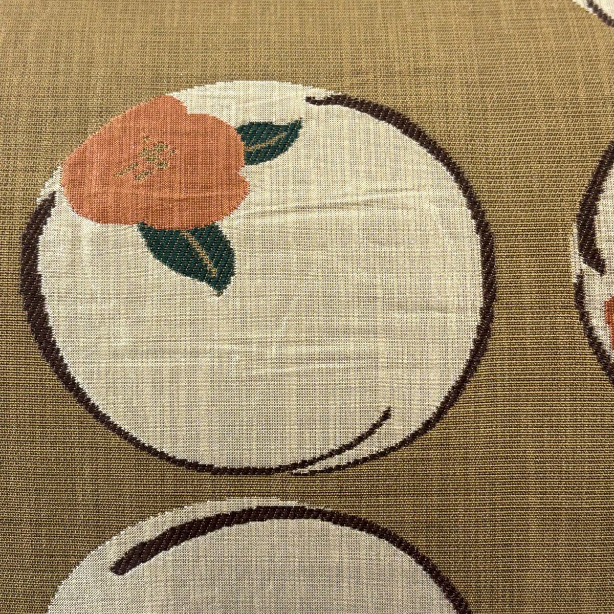 【美品】 袋帶 秀品級 落款あり 椿 丸文 茶 六通 純蠶絲