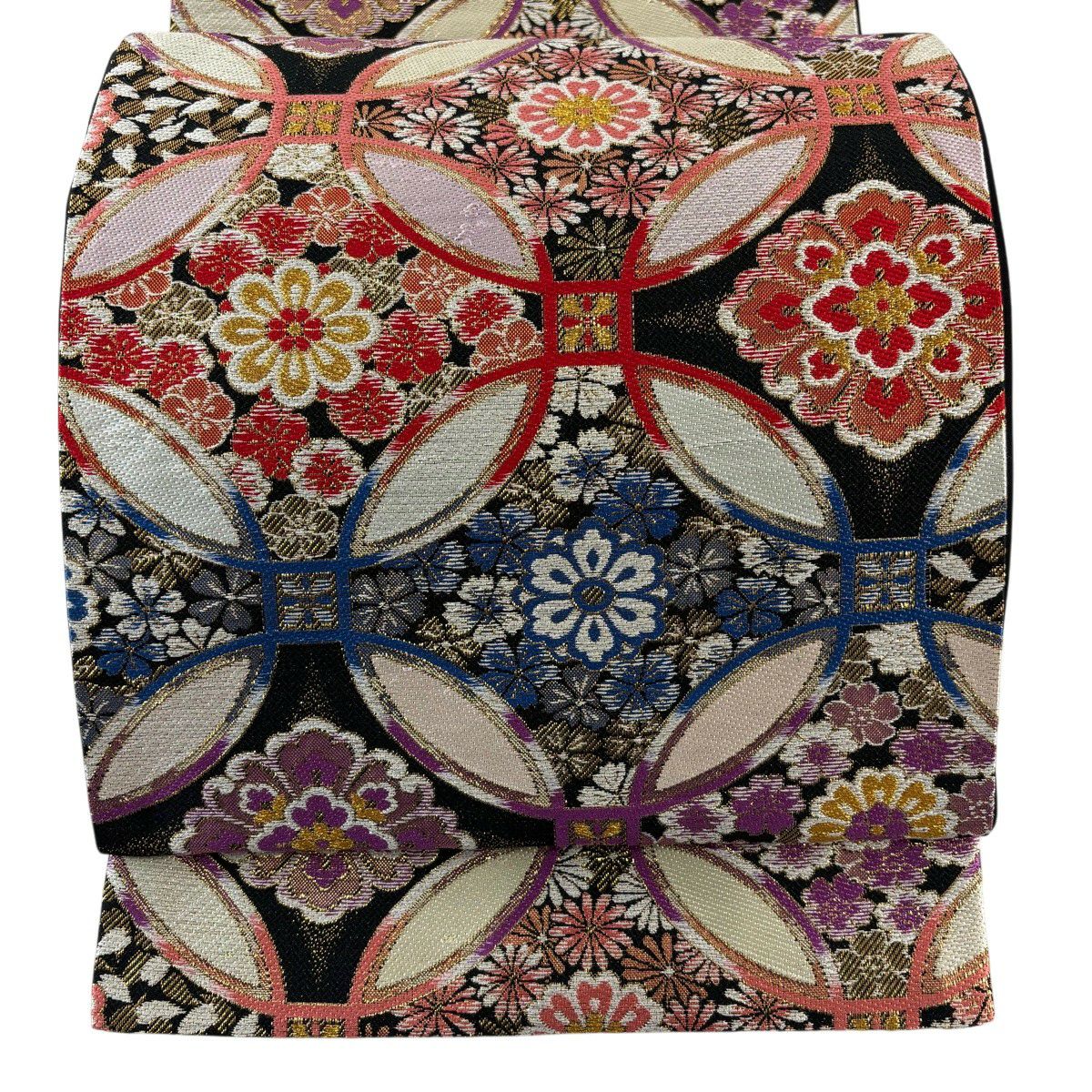 【美品】 袋帶 秀品級 振袖禮服禮服用 七寶紋 華紋 金銀彩 刺繡 黑 六通 純蠶絲