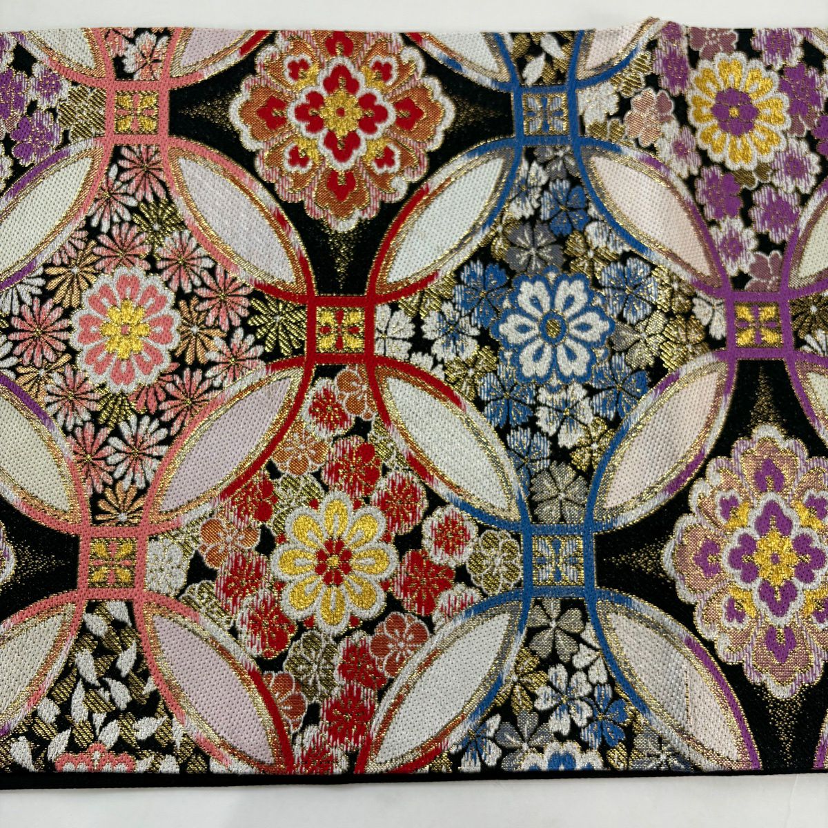 【美品】 袋帶 秀品級 振袖禮服禮服用 七寶紋 華紋 金銀彩 刺繡 黑 六通 純蠶絲