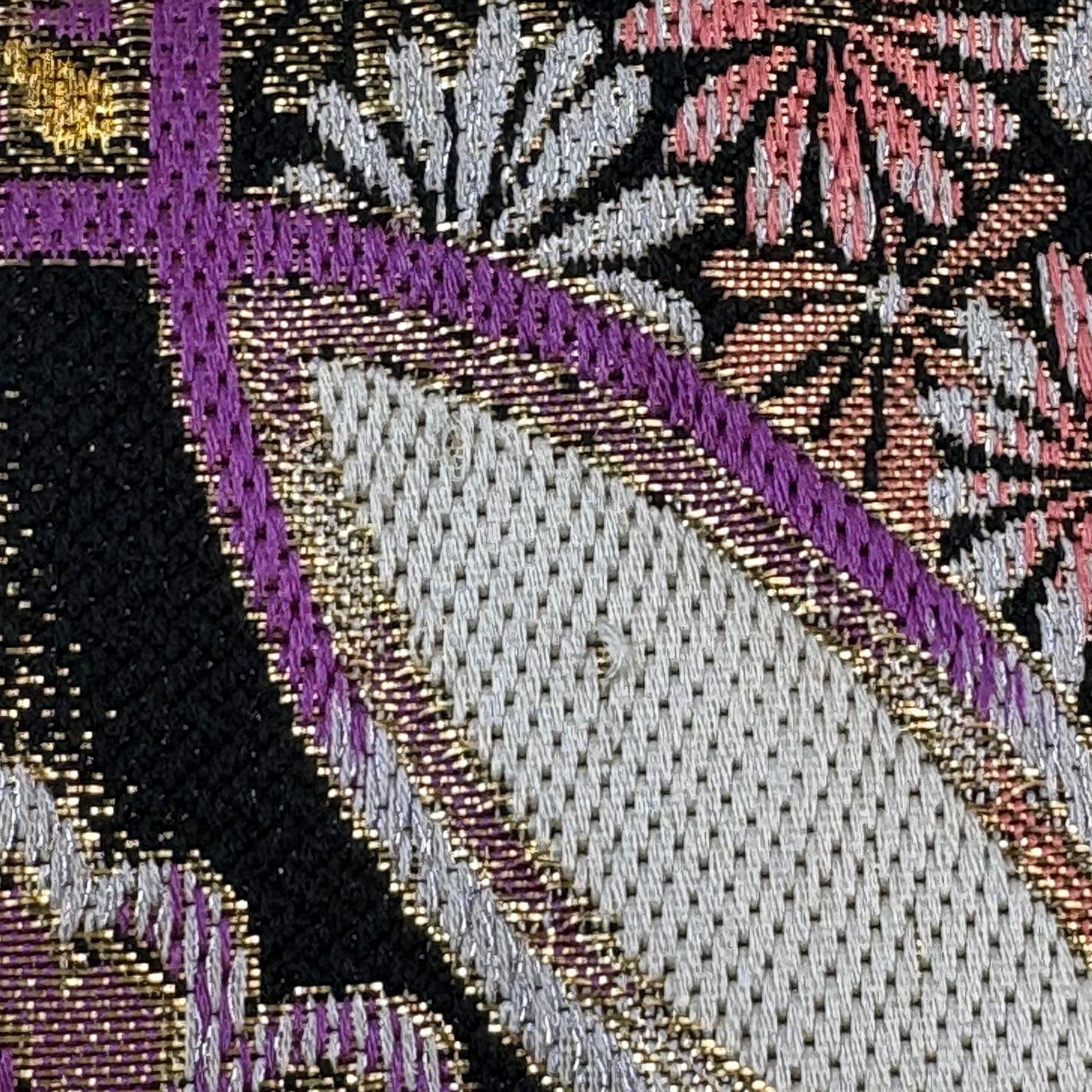 【美品】 袋帶 秀品級 振袖禮服禮服用 七寶紋 華紋 金銀彩 刺繡 黑 六通 純蠶絲