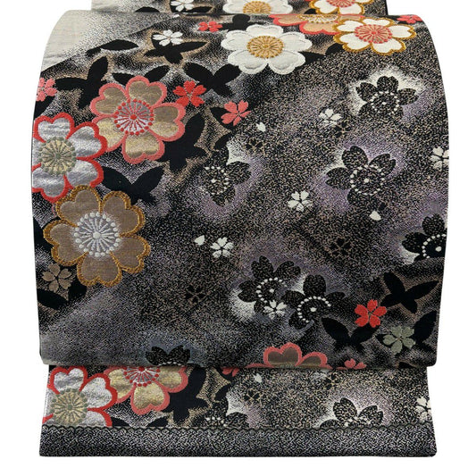 【美品】 袋帶 優品級 振袖禮服禮服用 櫻花 蝴蝶 金絲 刺繡 黑色 六通 純蠶絲
