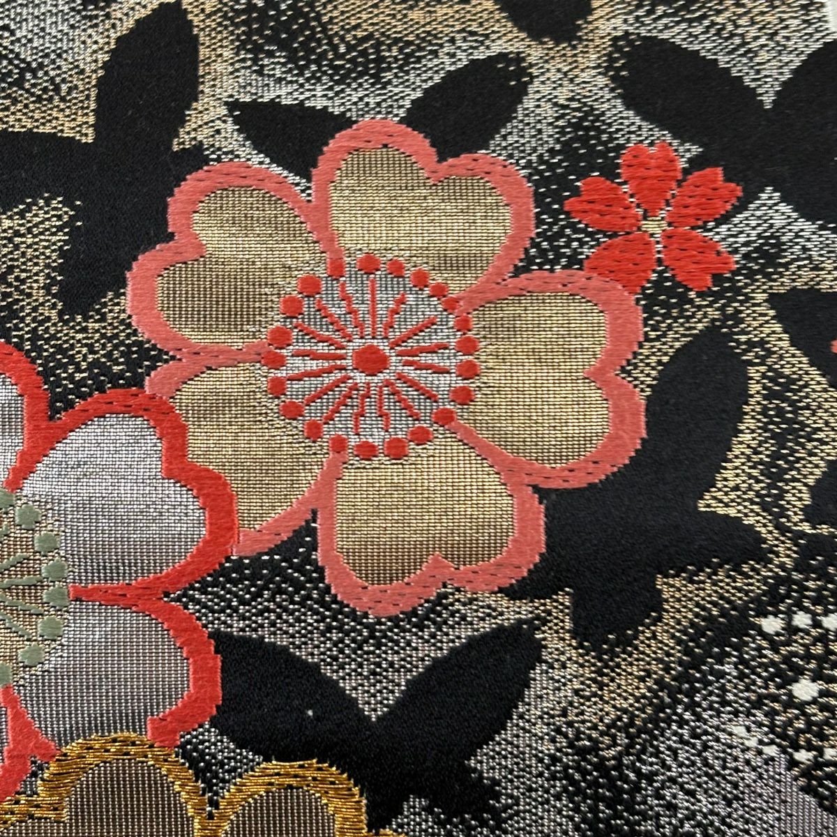 【美品】 袋帶 優品級 振袖禮服禮服用 櫻花 蝴蝶 金絲 刺繡 黑色 六通 純蠶絲
