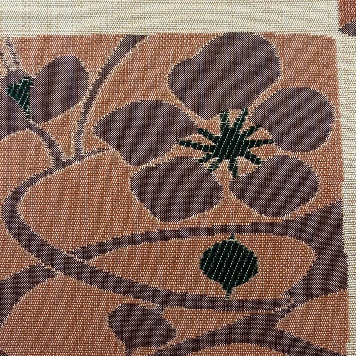 【美品】 袋帶 秀品級 有落款 草花紋 薄茶 深藍色 六通 純蠶絲