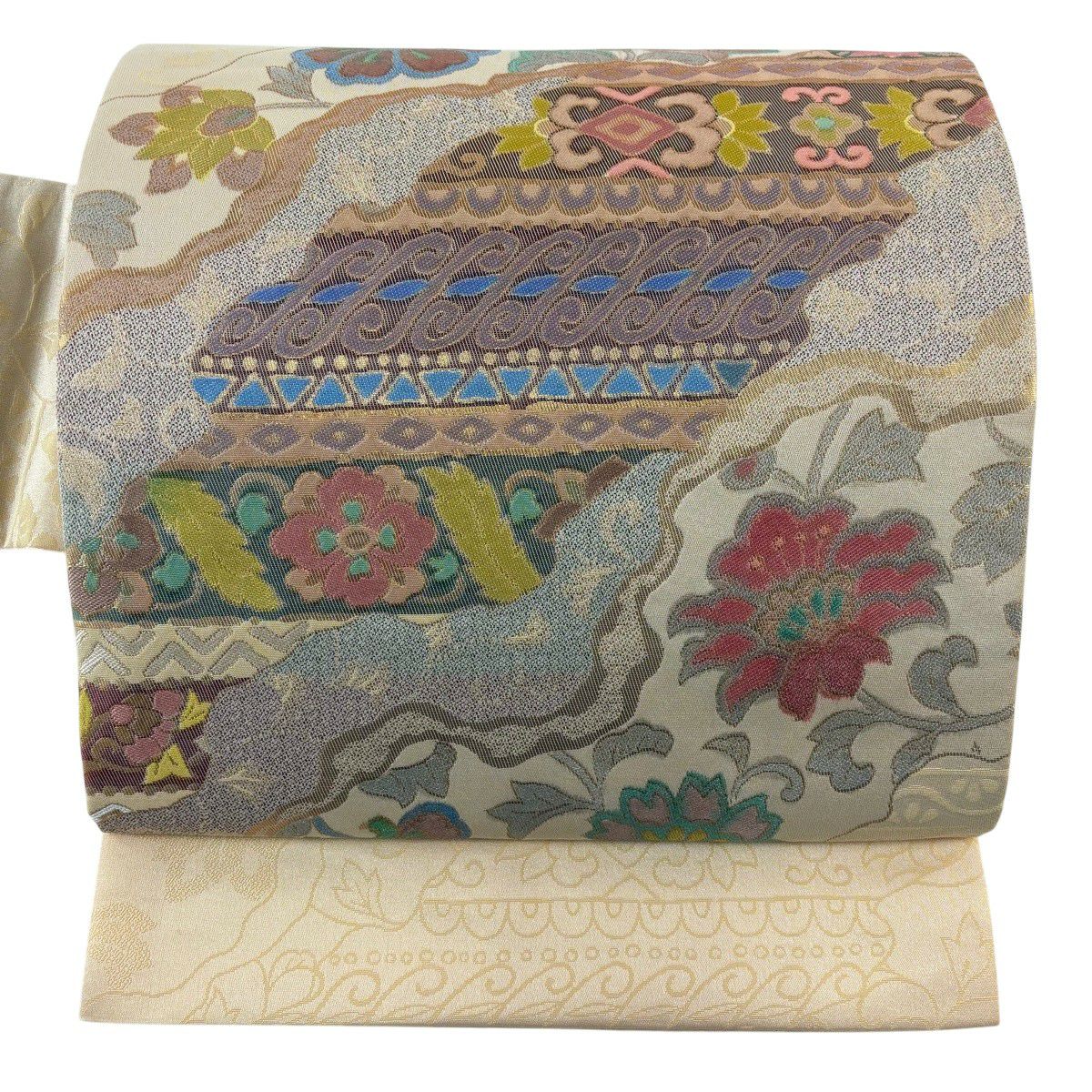 名古屋帶 秀品級 花唐草紋 道長取 金金箔 米色 純蠶絲