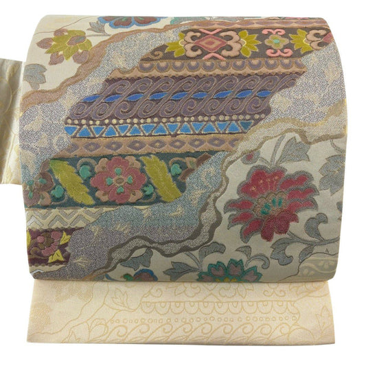 名古屋帶 秀品級 花唐草紋 道長取 金金箔 米色 純蠶絲