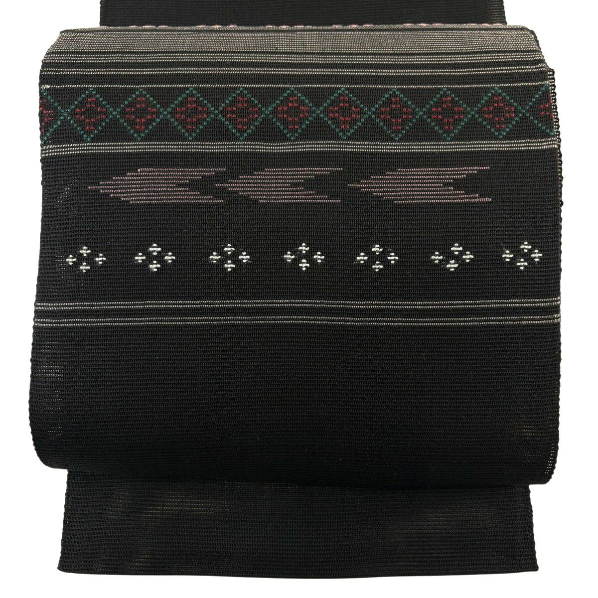 【美品】 名古屋帶 優品級 八寸名古屋帶 松樹葉仕立 夏帶 菱紋 縞紋 刺繡 黑 純蠶絲