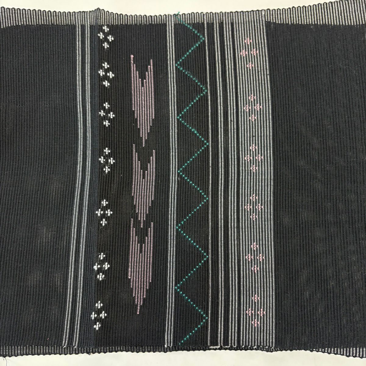 【美品】 名古屋帶 優品級 八寸名古屋帶 松樹葉仕立 夏帶 菱紋 縞紋 刺繡 黑 純蠶絲