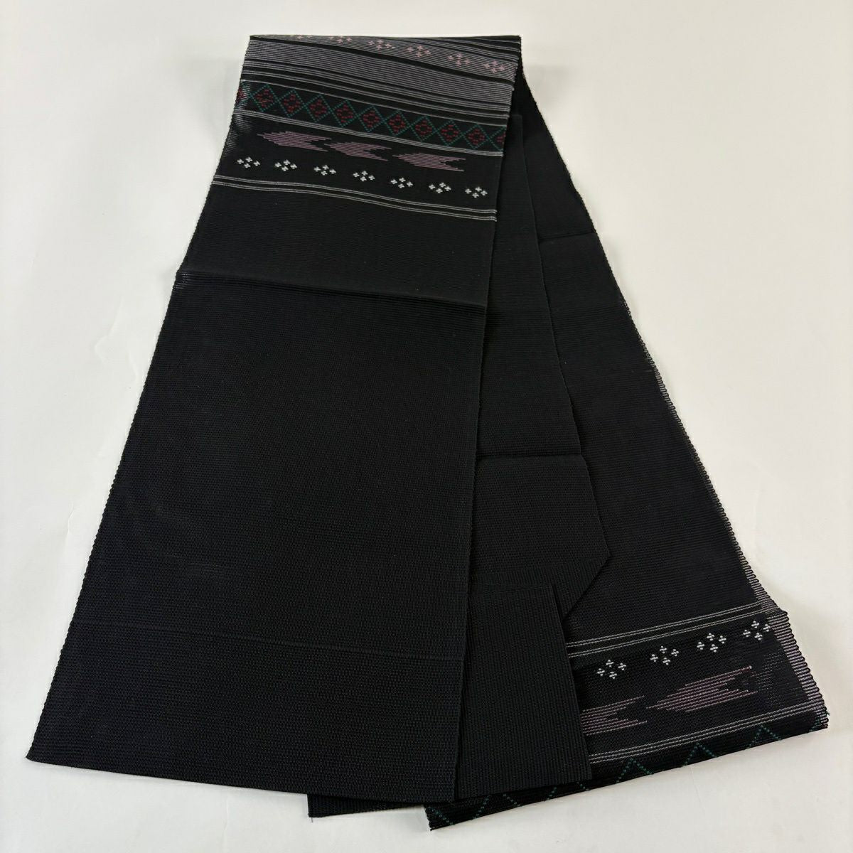 【美品】 名古屋帶 優品級 八寸名古屋帶 松樹葉仕立 夏帶 菱紋 縞紋 刺繡 黑 純蠶絲