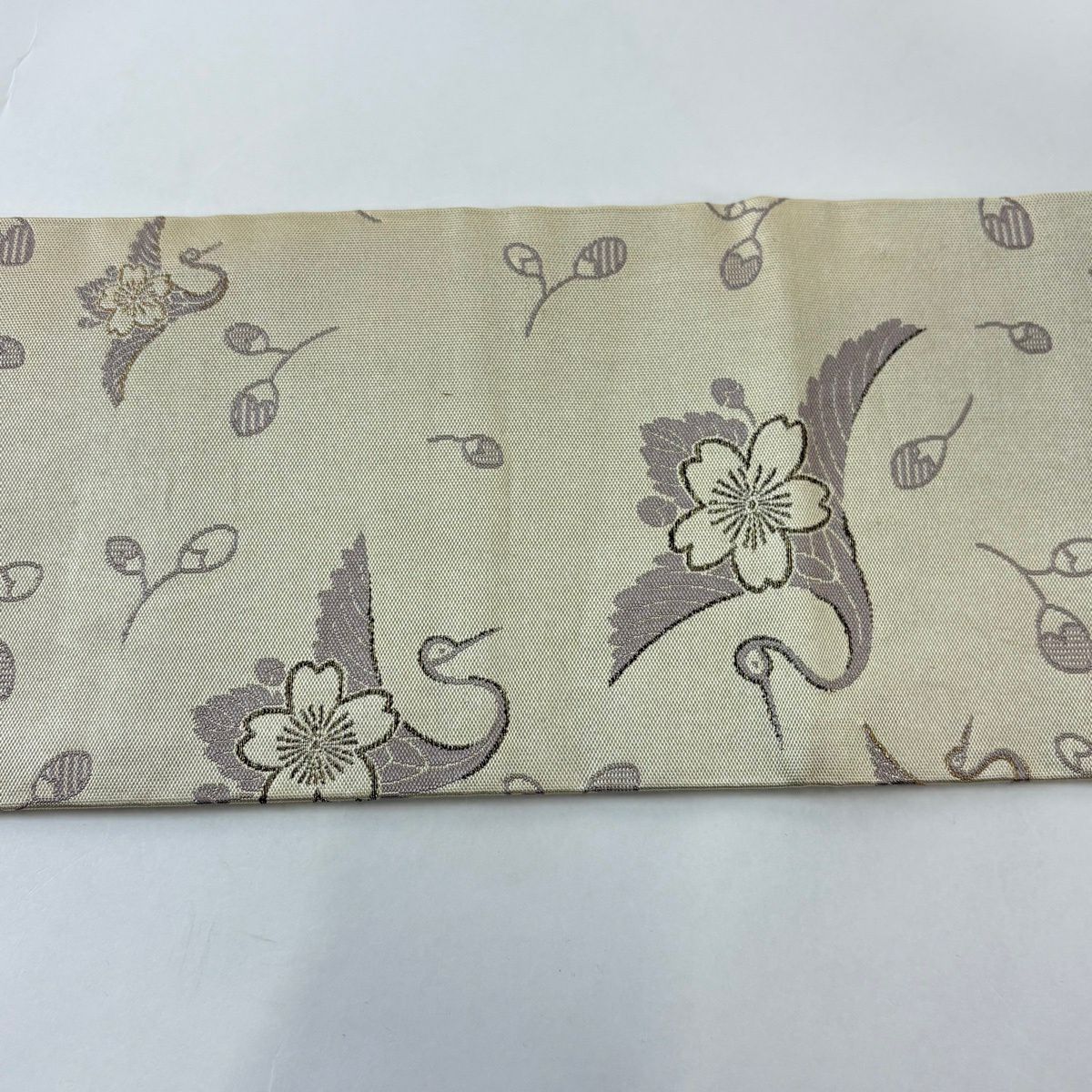 名古屋帶 秀品級櫻花 仙鶴 金絲 米色 純蠶絲