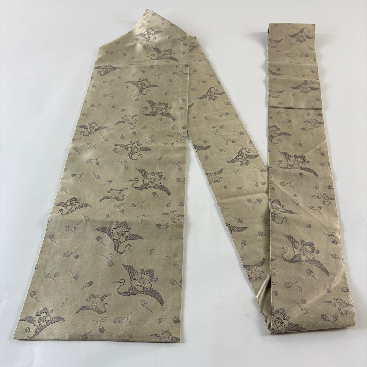 名古屋帶 秀品級櫻花 仙鶴 金絲 米色 純蠶絲
