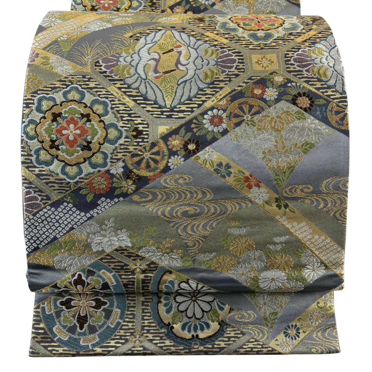 【美品】 袋帶 秀品級 青海松樹皮華紋 金銀彩 刺繡 灰色 六通 純蠶絲