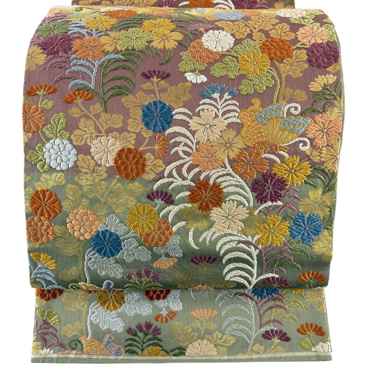 【美品】 袋帶 秀品級 關西仕立 草花紋 蝶 唐織 金金箔 鶯 綠 六通 純蠶絲