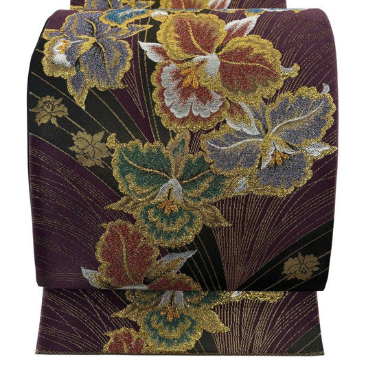 【美品】 袋帶 優品級 草花紋紋 金金箔 金絲 深紫 六通 純蠶絲