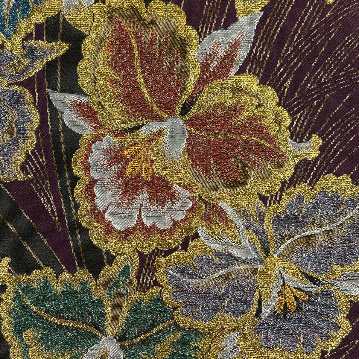 【美品】 袋帶 優品級 草花紋紋 金金箔 金絲 深紫 六通 純蠶絲