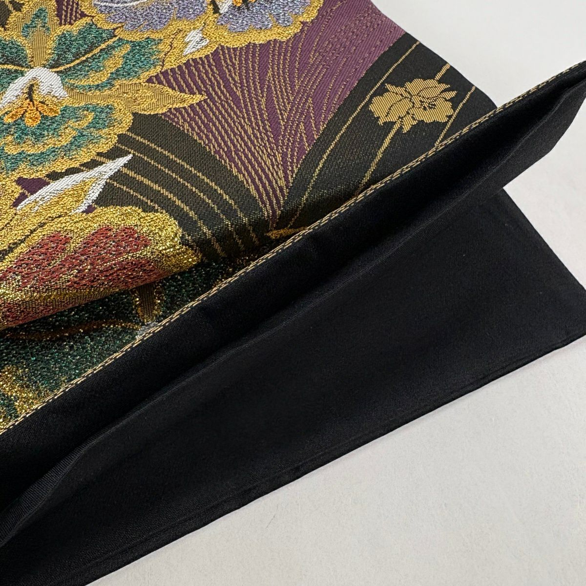 【美品】 袋帶 優品級 草花紋紋 金金箔 金絲 深紫 六通 純蠶絲