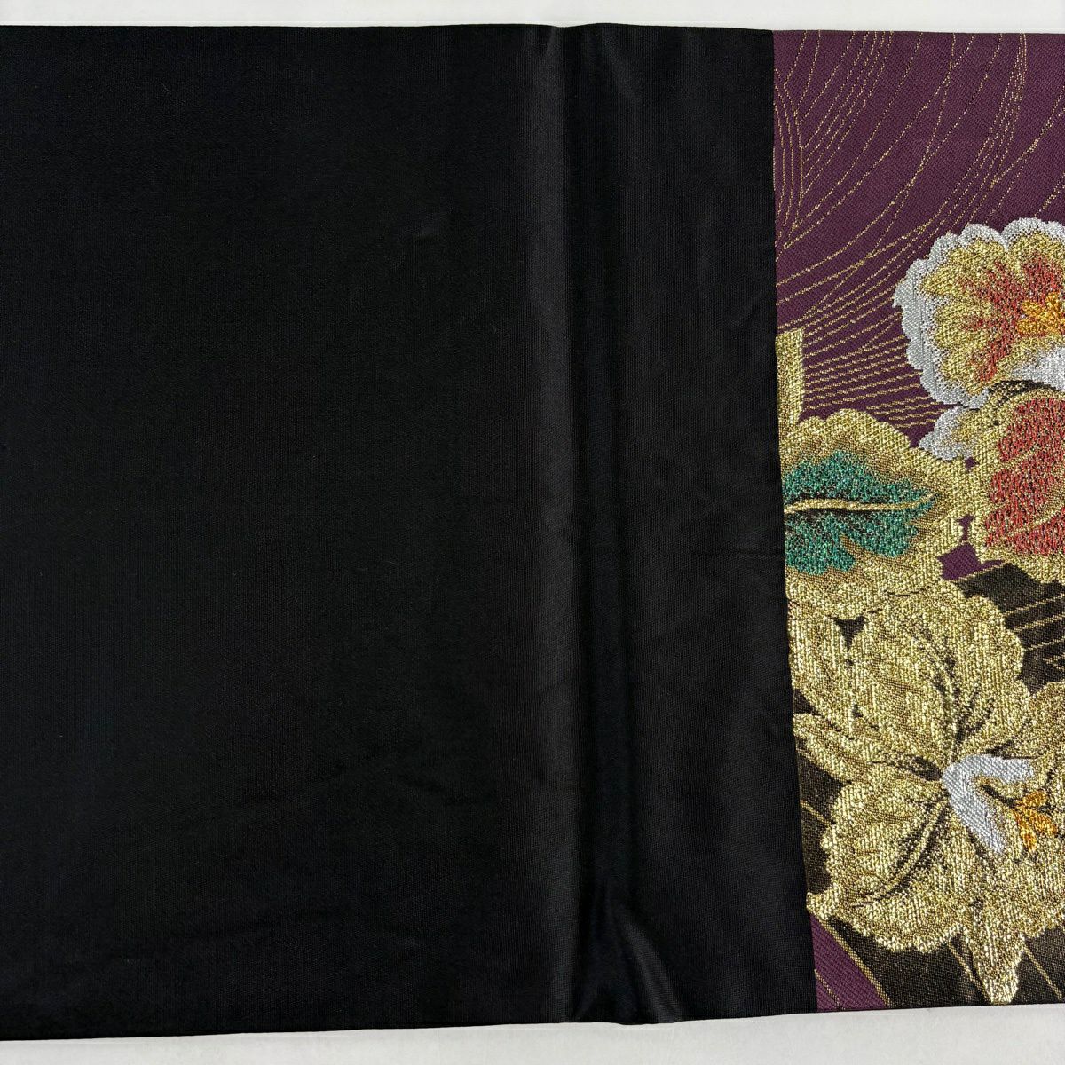【美品】 袋帶 優品級 草花紋紋 金金箔 金絲 深紫 六通 純蠶絲