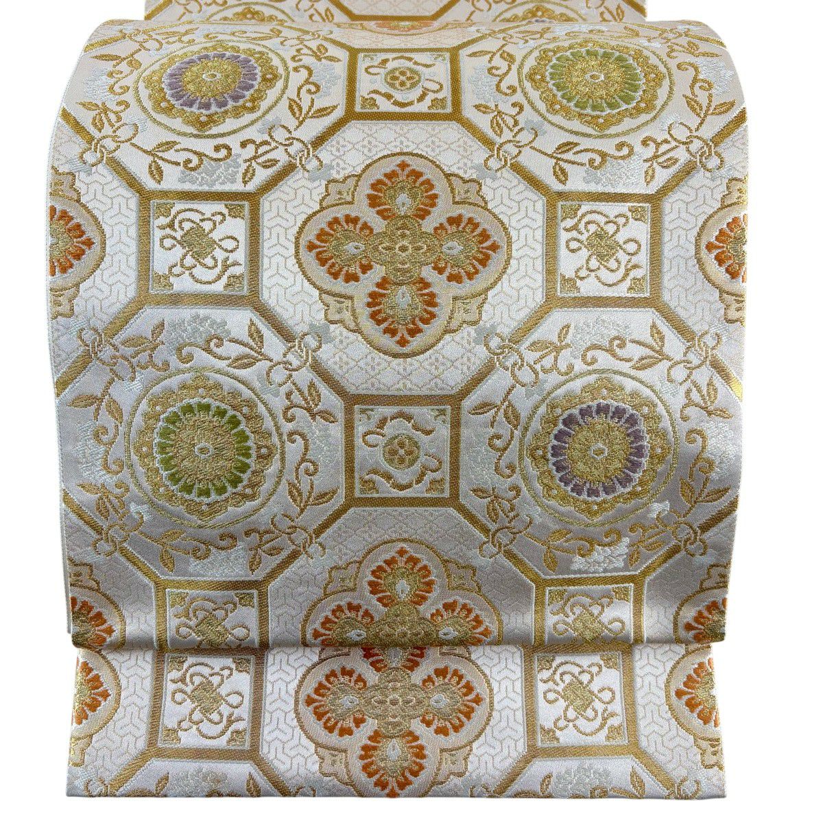 【美品】 袋帶 秀品級 落款あり 本家加納 蜀江華紋 草花紋紋 刺繡 金糸 米色 六通 純蠶絲
