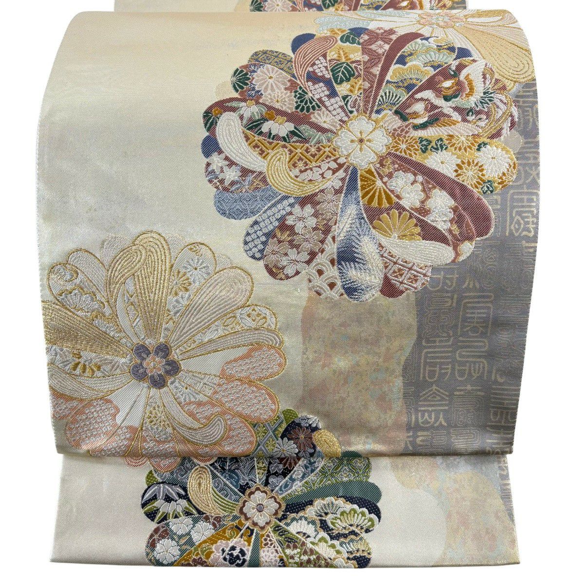 【美品】 袋帶 秀品級 菊花 花鳥 刺繡 金金箔 金色 六通 純蠶絲