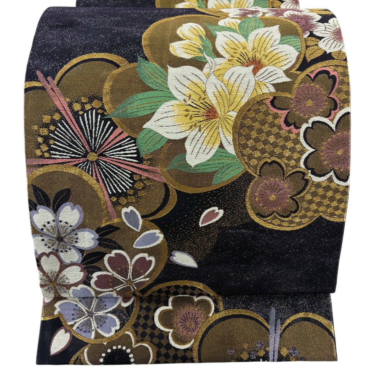 【美品】 袋帶 秀品級 草花紋紋 梅花 金金箔 刺繡 紫 全通 純蠶絲