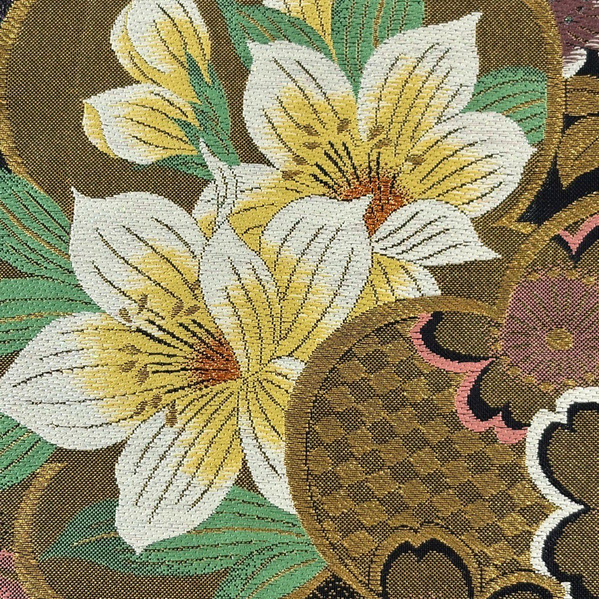 【美品】 袋帶 秀品級 草花紋紋 梅花 金金箔 刺繡 紫 全通 純蠶絲