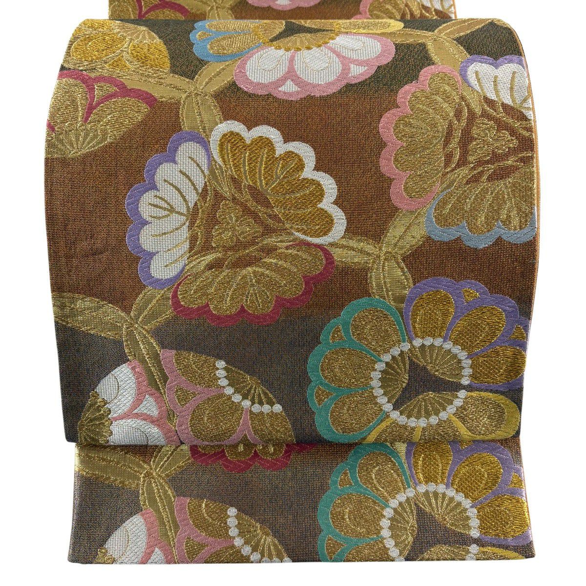 【美品】 袋帶 秀品級 松樹竹子梅花 幾何學 金絲 唐織 金茶 六通 純蠶絲