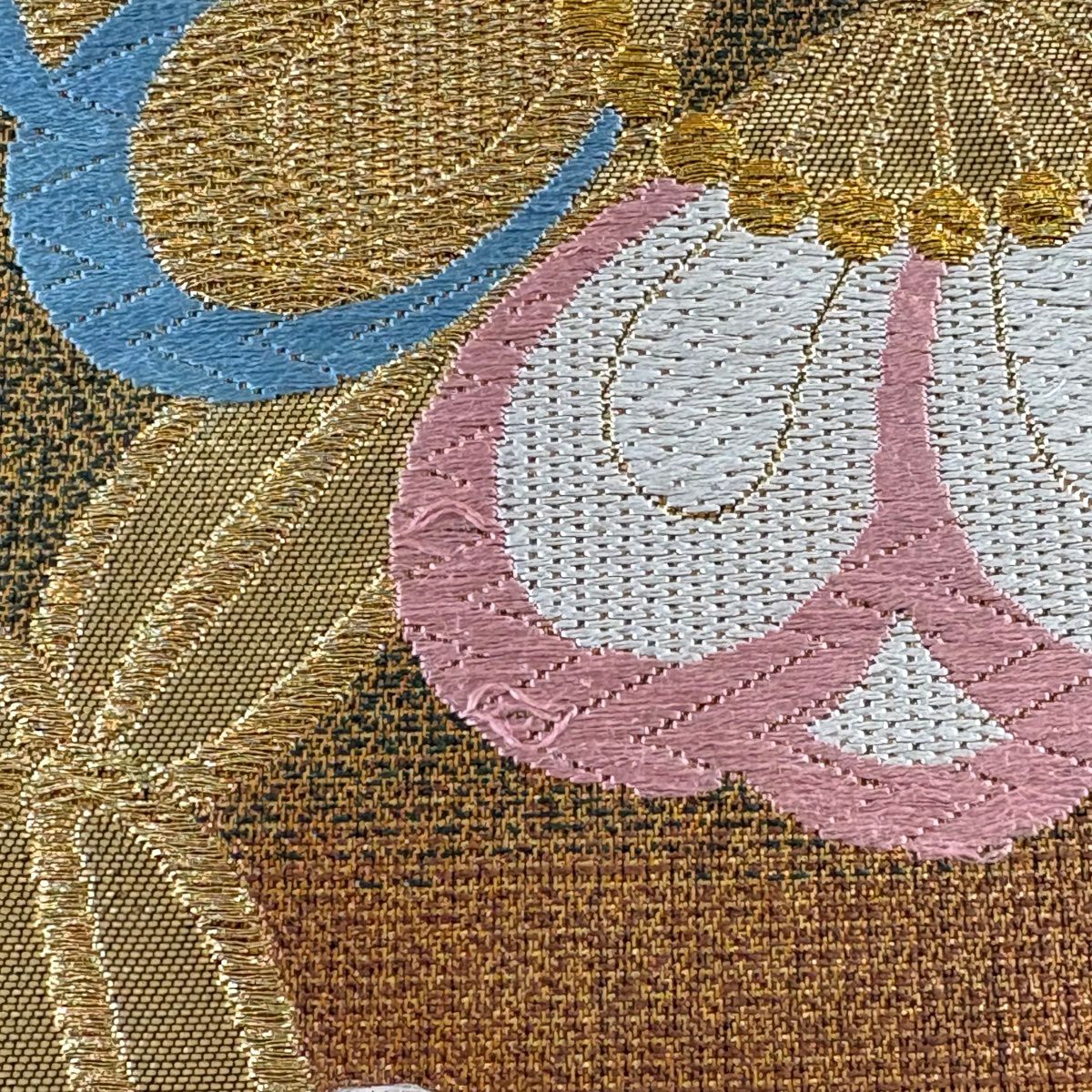【美品】 袋帶 秀品級 松樹竹子梅花 幾何學 金絲 唐織 金茶 六通 純蠶絲