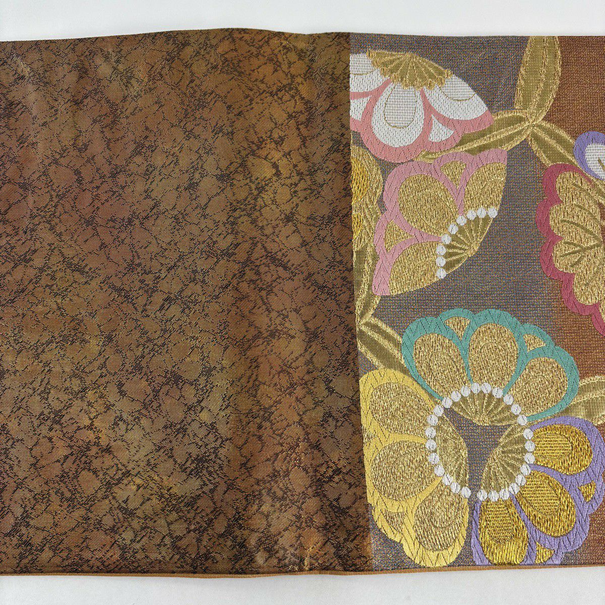 【美品】 袋帶 秀品級 松樹竹子梅花 幾何學 金絲 唐織 金茶 六通 純蠶絲