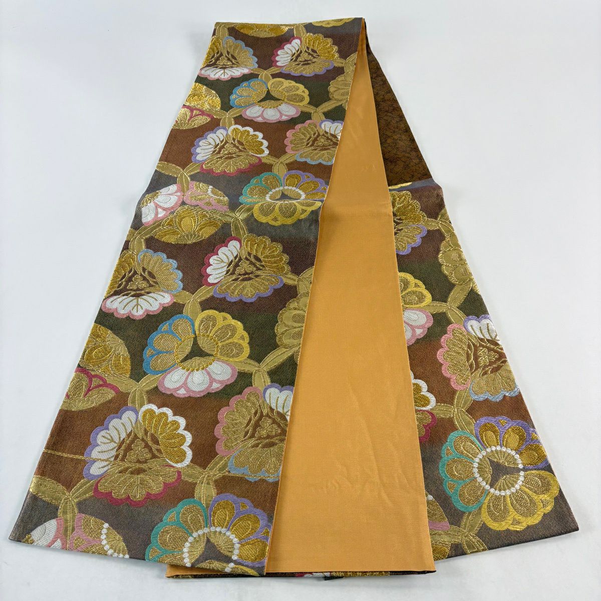 【美品】 袋帶 秀品級 松樹竹子梅花 幾何學 金絲 唐織 金茶 六通 純蠶絲