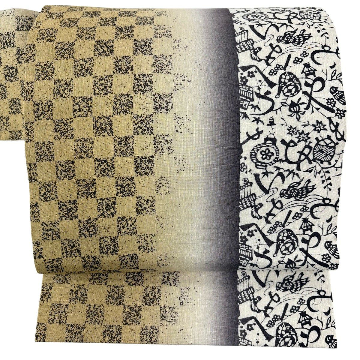 【美品】名古屋帶 秀品級 紬織織 市松樹 文字文 漸變 黃土色 純蠶絲