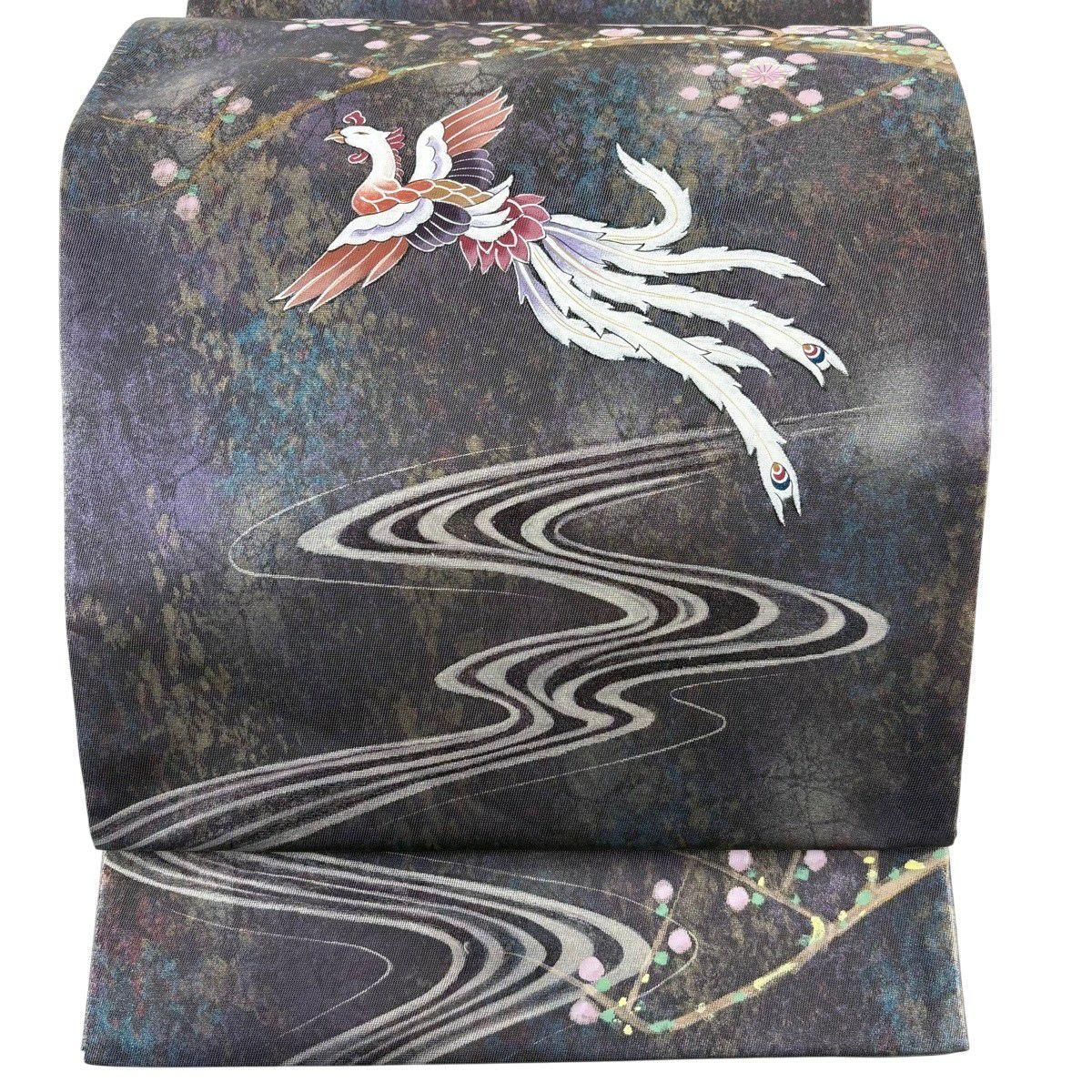 【美品】 袋帶 秀品級 落款あり 鳥 流水 金金箔 金銀彩 紫 お太鼓柄 純蠶絲