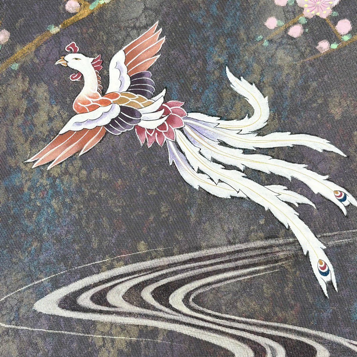 【美品】 袋帶 秀品級 落款あり 鳥 流水 金金箔 金銀彩 紫 お太鼓柄 純蠶絲